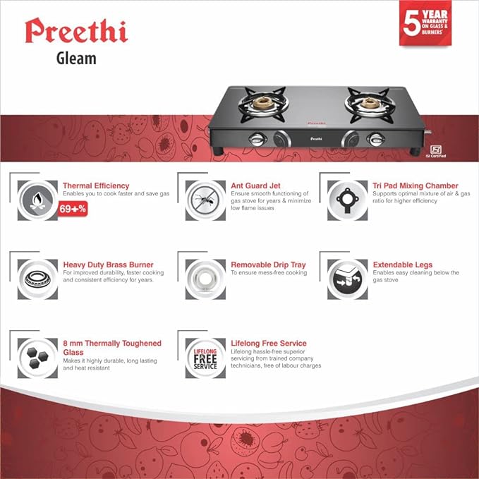 Preethi Blu Flame Gleam Glass Top 2-Burner Manual Gas Stove (Black) (ISI Certified), GTS102