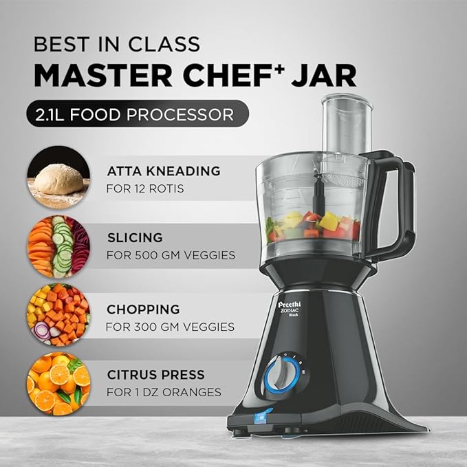 Preethi Zodiac Black Mixer Grinder for Kitchen, 5 Jars 750 Watt Mixie with Chutney Jar, Dry Grinding, Batter Grinding, Juicer & Masterchef Jar for chopping/grating (MG-261)