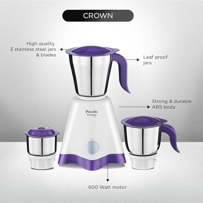 Preethi Crown Pro MG-254 Mixer grinder, 600 watt, White/Purple, 3 Jars with 5yr Motor Warranty & Lifelong Free Service