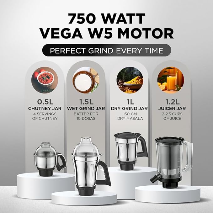 Preethi Zodiac Black Mixer Grinder for Kitchen, 5 Jars 750 Watt Mixie with Chutney Jar, Dry Grinding, Batter Grinding, Juicer & Masterchef Jar for chopping/grating (MG-261)