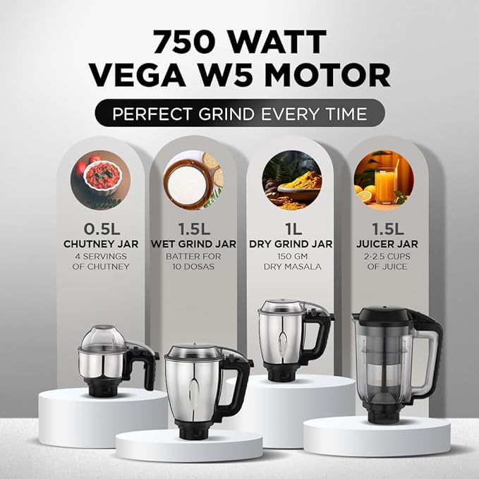 Preethi Zodiac Cosmo MG236 Mixer Grinder 750 watt with 5 Jars Includes Super Extractor juicer Jar & Master Chef + Food Processor Jar, Black, Plastic