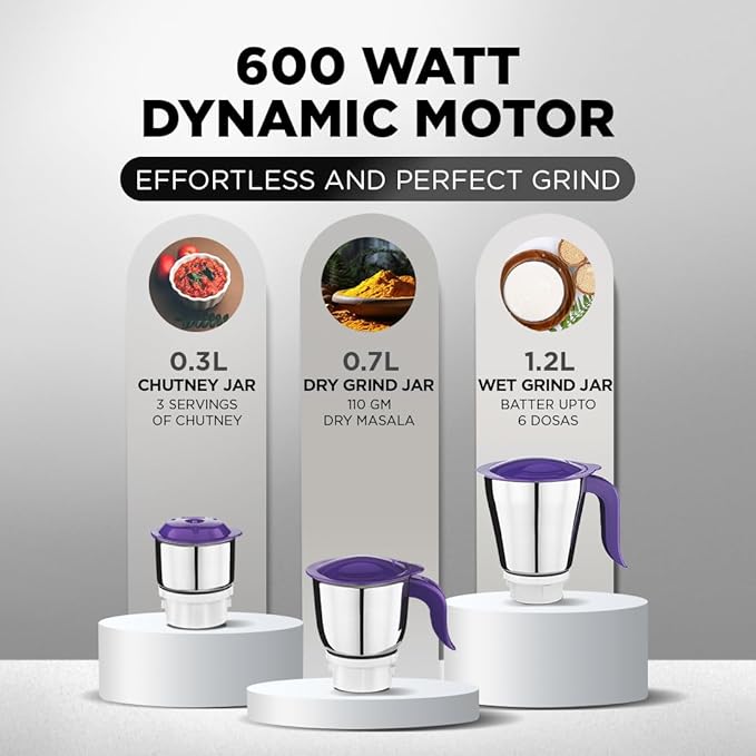 Preethi Crown Pro MG-254 Mixer grinder, 600 watt, White/Purple, 3 Jars with 5yr Motor Warranty & Lifelong Free Service