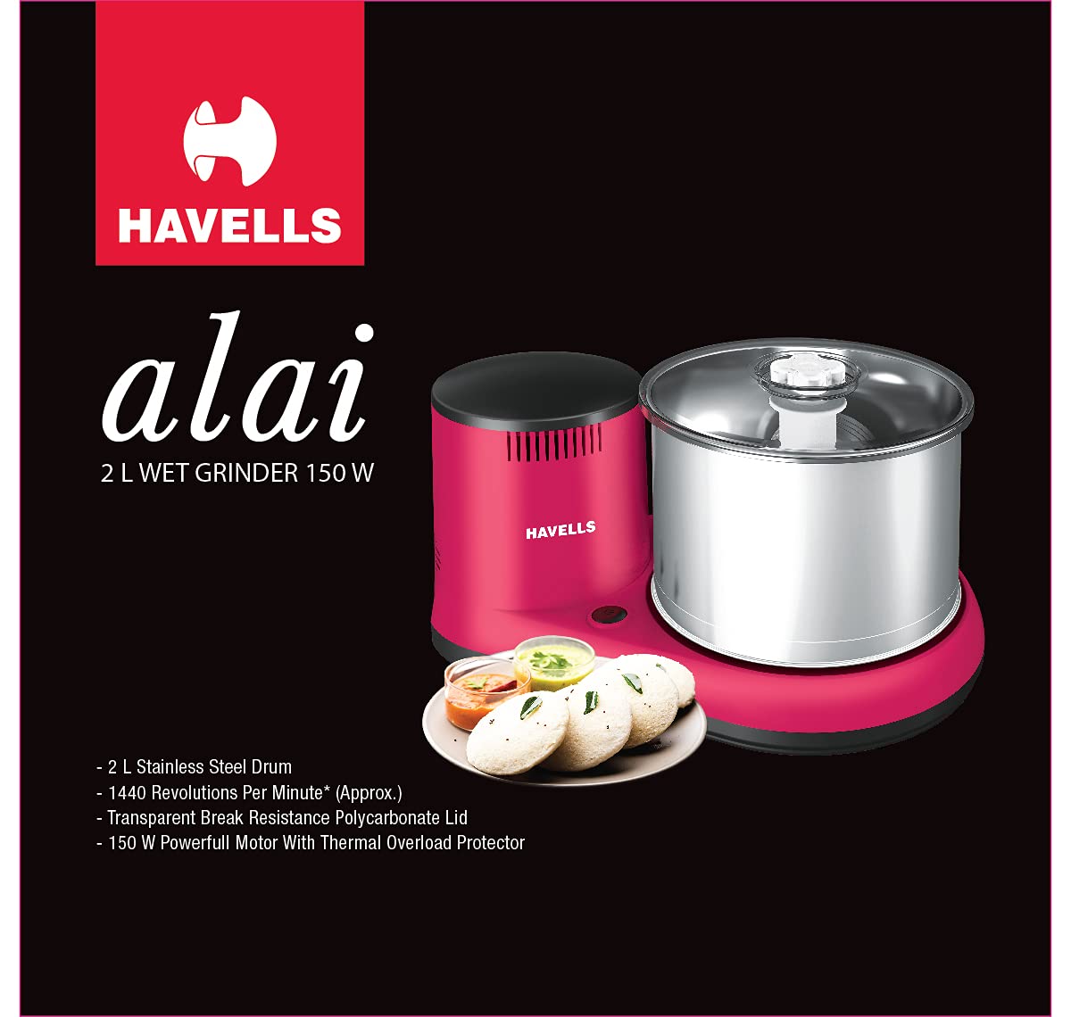 Havells Aalai Table Top Wet Grinder 2 L With Coconut Scrapper Attachment Wet Grinder (PINK)