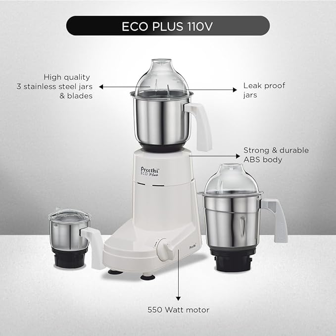 Preethi Eco Plus MG-138 110V, 550 Watt Mixer Grinder with 3 Jars (0.4L Chutney grinding Jar + 1.0L dry grinding Jar + 1.5L Wet grinding Jar, Stainless Steel) with 5 Yrs Motor warranty, White