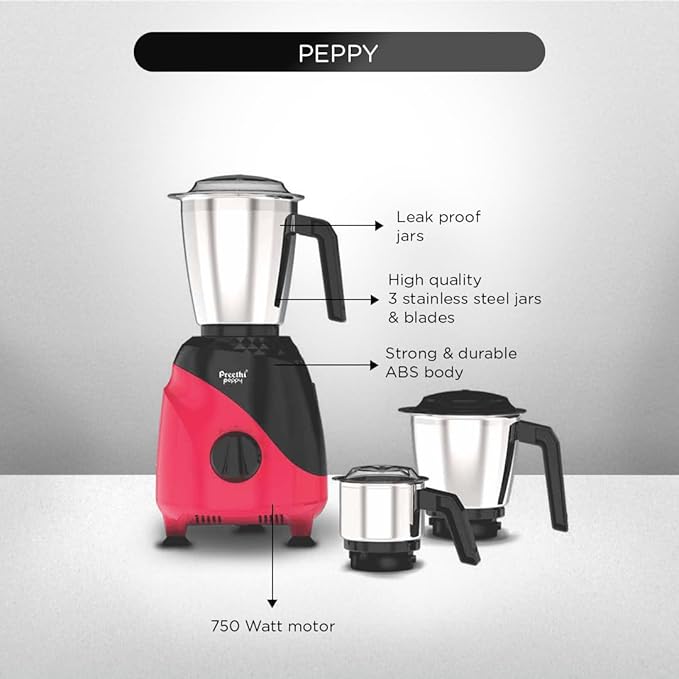 Preethi Peppy MG-245 mixer grinder, 750 watt, Black & Red, 3 jars, Vega W5 Motor with 5yr Warranty & Lifelong Free Service