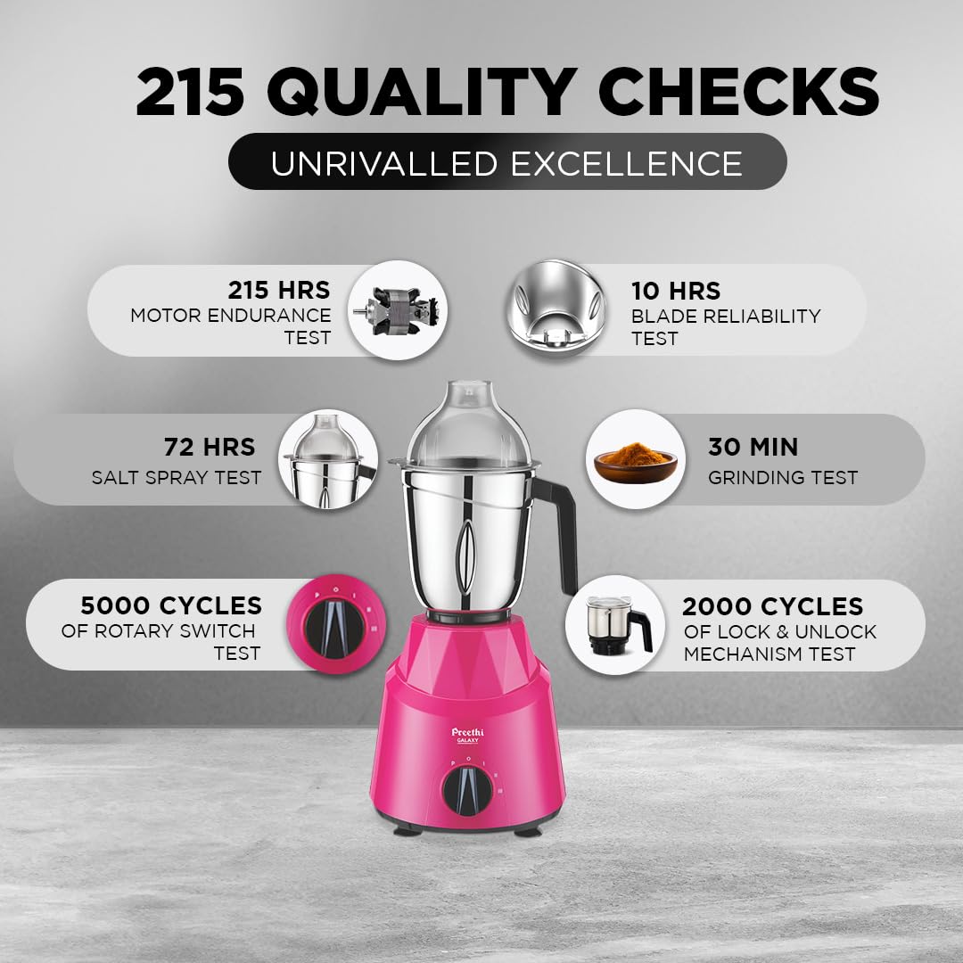 Preethi Galaxy MG225 Mixer Grinder, 750 watt, Pink, 3 Jars, Vega W5 Motor with 5yr Warranty & Lifelong Free Service |Plastic
