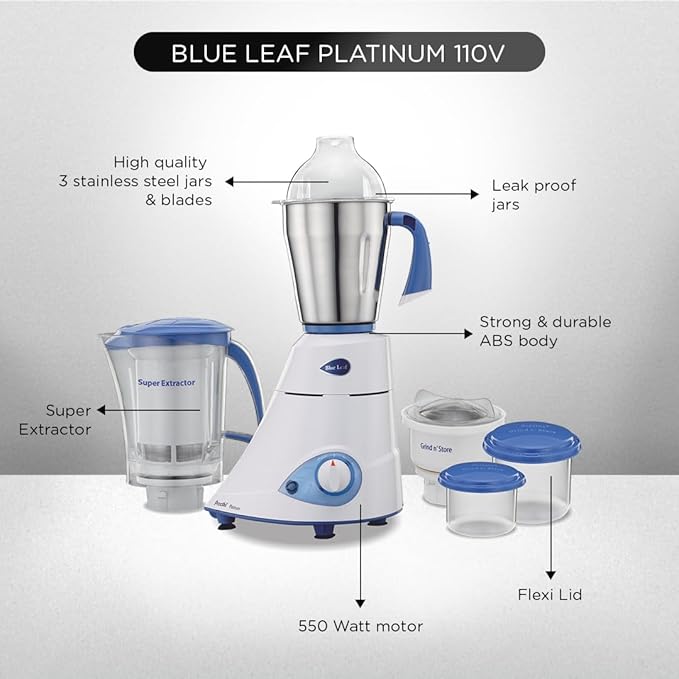 Preethi Platinum Mixer Grinder for Kitchen|110V, 550W, Mixie, 3 Jars | Super Extractor Juicer Jar with 2 Air-Tight Containers, White/Blue(MG-153)