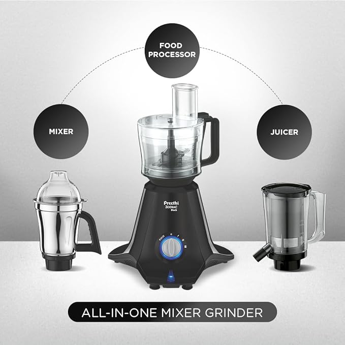 Preethi Zodiac Black Mixer Grinder for Kitchen, 5 Jars 750 Watt Mixie with Chutney Jar, Dry Grinding, Batter Grinding, Juicer & Masterchef Jar for chopping/grating (MG-261)