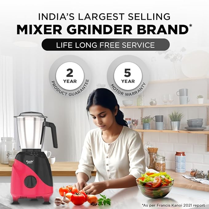 Preethi Peppy MG-245 mixer grinder, 750 watt, Black & Red, 3 jars, Vega W5 Motor with 5yr Warranty & Lifelong Free Service