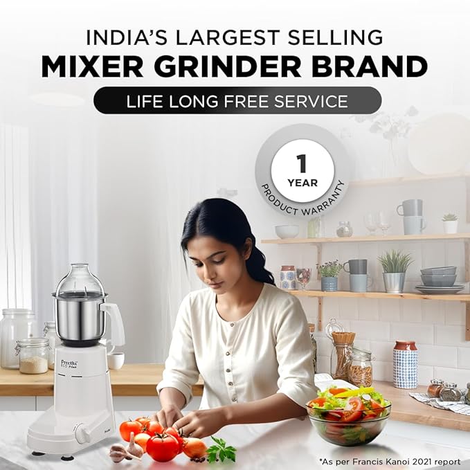 Preethi Eco Plus MG-138 110V, 550 Watt Mixer Grinder with 3 Jars (0.4L Chutney grinding Jar + 1.0L dry grinding Jar + 1.5L Wet grinding Jar, Stainless Steel) with 5 Yrs Motor warranty, White