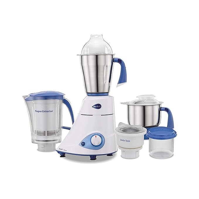 Preethi Blue Leaf Platinum MG 139 mixer grinder, 750 watt, White, 4 jars - Super Extractor juicer Jar & Storage Air-Tight Container, FBT motor with 5yr Warranty & Lifelong Free Service, Standard