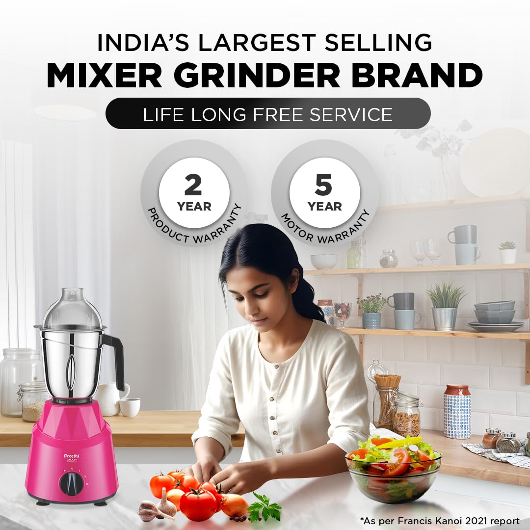 Preethi Galaxy MG225 Mixer Grinder, 750 watt, Pink, 3 Jars, Vega W5 Motor with 5yr Warranty & Lifelong Free Service |Plastic