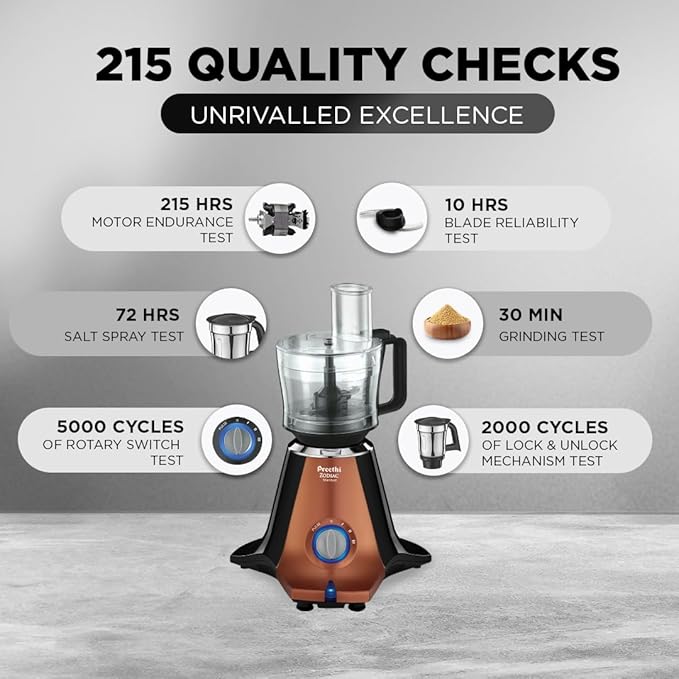 Preethi Zodiac Stardust Mixer Grinder for Kitchen, 5 Jars 750 Watt Mixie (3 Stainless steel Jars +1 Juicer Jar+1 Master Chef Plus Food processor Jar), Black/Copper (MG-265)
