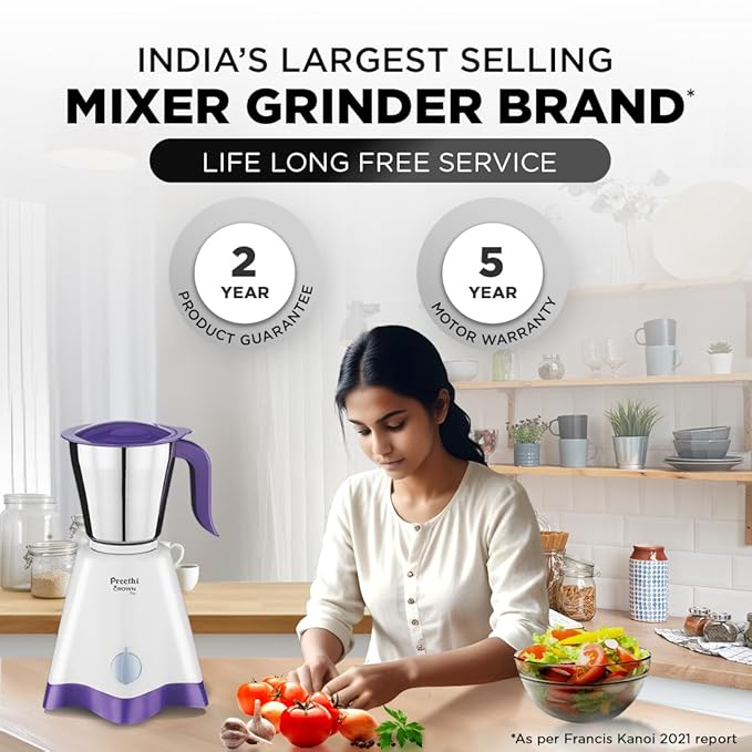 Preethi Crown Pro MG-254 Mixer grinder, 600 watt, White/Purple, 3 Jars with 5yr Motor Warranty & Lifelong Free Service