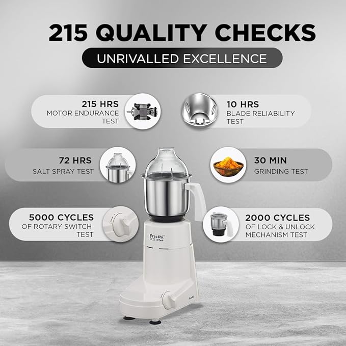 Preethi Eco Plus MG-138 110V, 550 Watt Mixer Grinder with 3 Jars (0.4L Chutney grinding Jar + 1.0L dry grinding Jar + 1.5L Wet grinding Jar, Stainless Steel) with 5 Yrs Motor warranty, White
