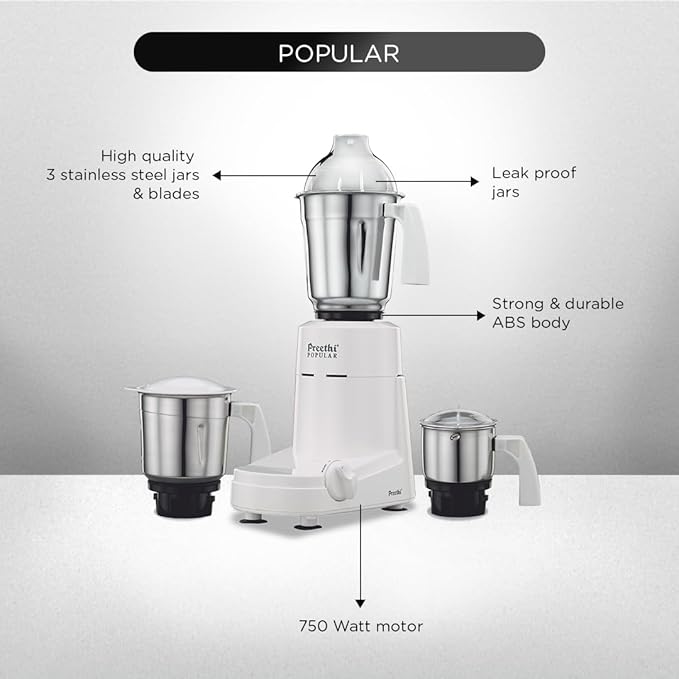 Preethi Popular MG 142 750-Watt Mixer Grinder with 3 Jars (White)