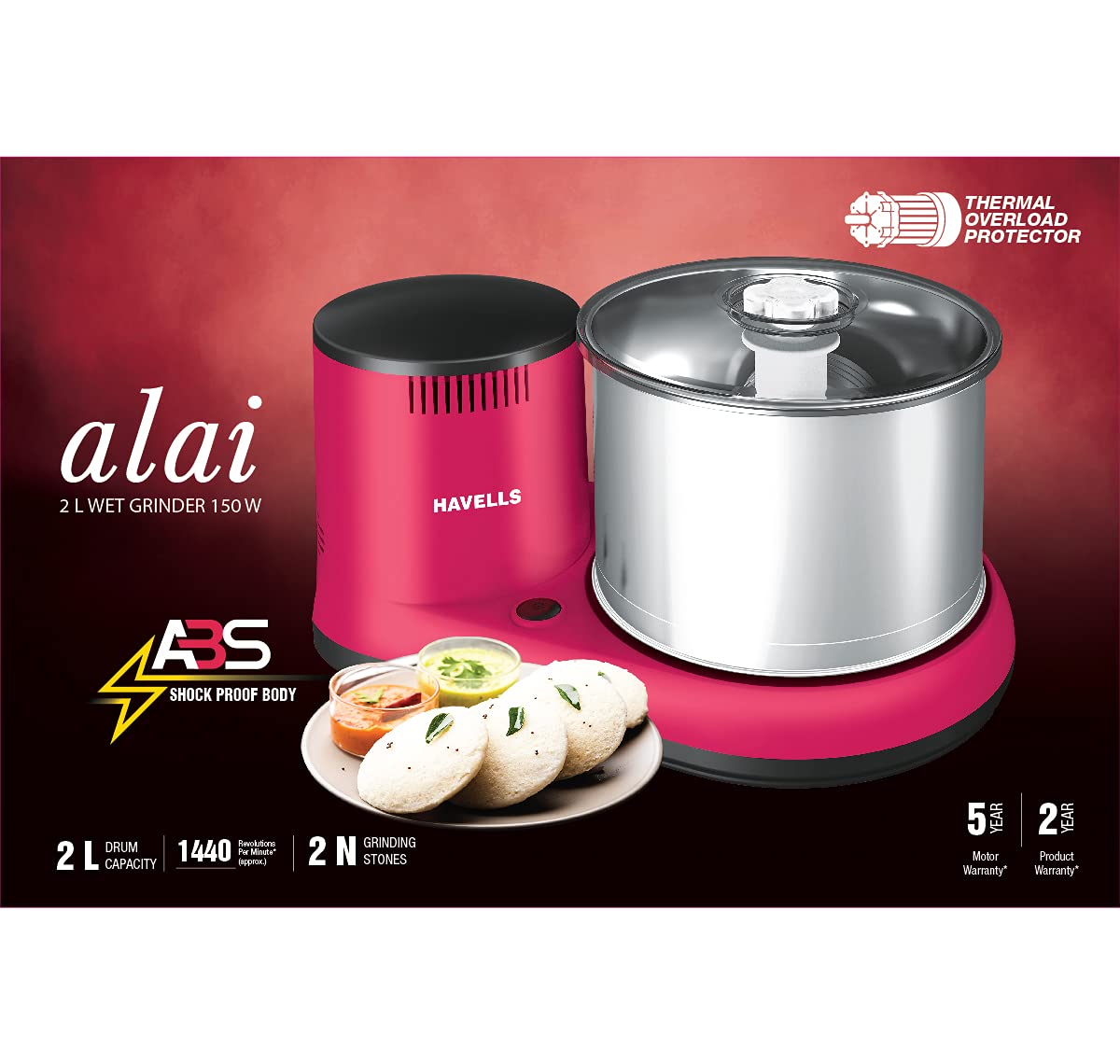 Havells Aalai Table Top Wet Grinder 2 L With Coconut Scrapper Attachment Wet Grinder (PINK)