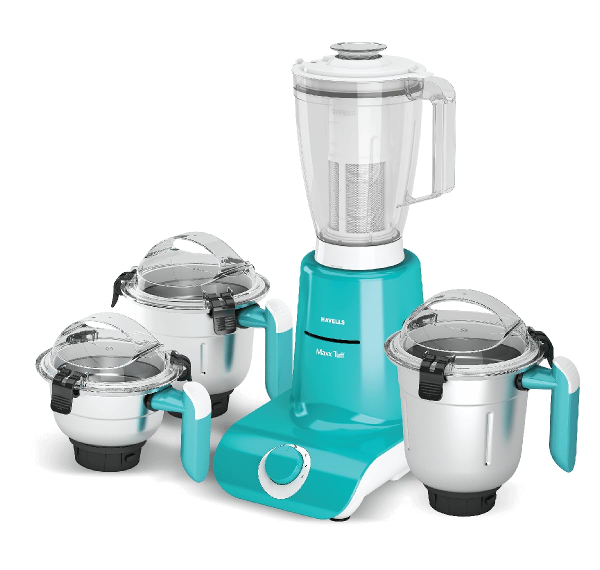 Havells Maxx TUFF Heavy Duty 900 Watts 4 Jar Mixer Grinder, Ball Bearing Copper Motor, 22000 RPM, Large Size Break Resistant Jars with Flow Breaker, 5Years Motor Warranty (White/green)
