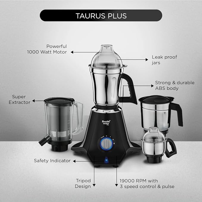 Preethi Taurus Plus MG-257 Mixer Grinder, 1000 Watt, Blue/Black 4 Jars - Super Extractor Juicer Jar, 2 Yr Product Guarantee & Lifelong Free Service(Metal)