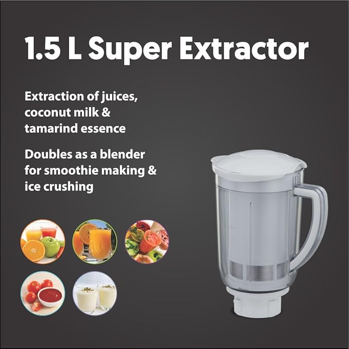 Preethi Eco Plus MG 157 mixer grinder, 750 watt, 4 jars includes Super Extractor juicer Jar , White