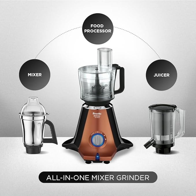 Preethi Zodiac Stardust Mixer Grinder for Kitchen, 5 Jars 750 Watt Mixie (3 Stainless steel Jars +1 Juicer Jar+1 Master Chef Plus Food processor Jar), Black/Copper (MG-265)