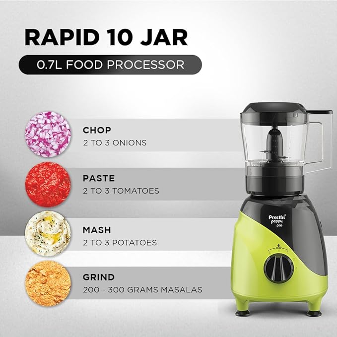 Preethi Peppy Pro MG 247, 750 Watts, 4 Jars - Unique Rapid 10 Chopping Jar, Dual Colour Swish design, Green/Black, 5 Yr Motor Warranty & Lifelong free service