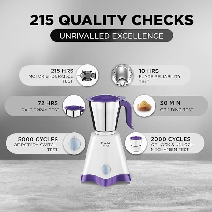 Preethi Crown Pro MG-254 Mixer grinder, 600 watt, White/Purple, 3 Jars with 5yr Motor Warranty & Lifelong Free Service