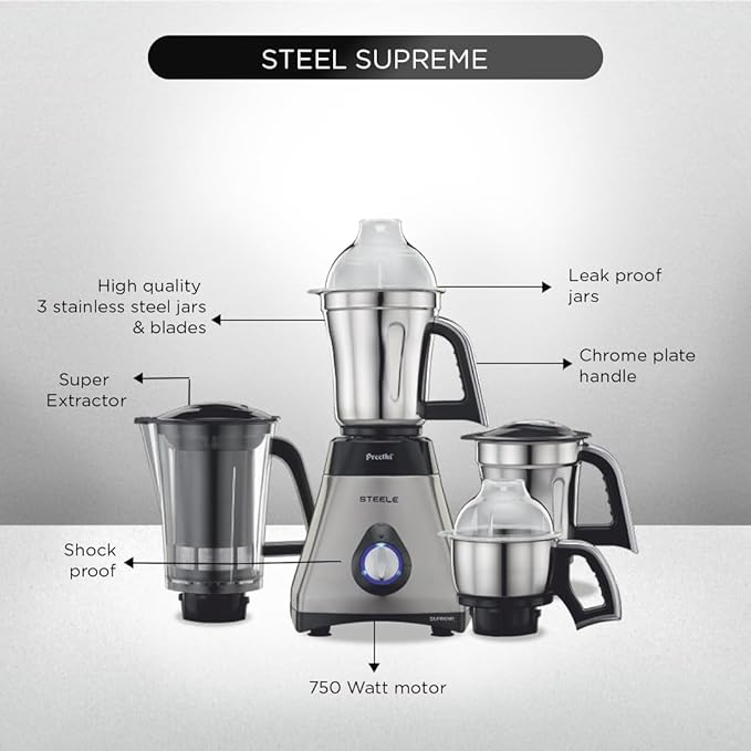 Preethi Steel Supreme MG-208 mixer grinder, 750 watt (Silver/ Black), 4 jars - Super Extractor juicer Jar, Vega W5 motor with 5yr Warranty & Lifelong Free Service
