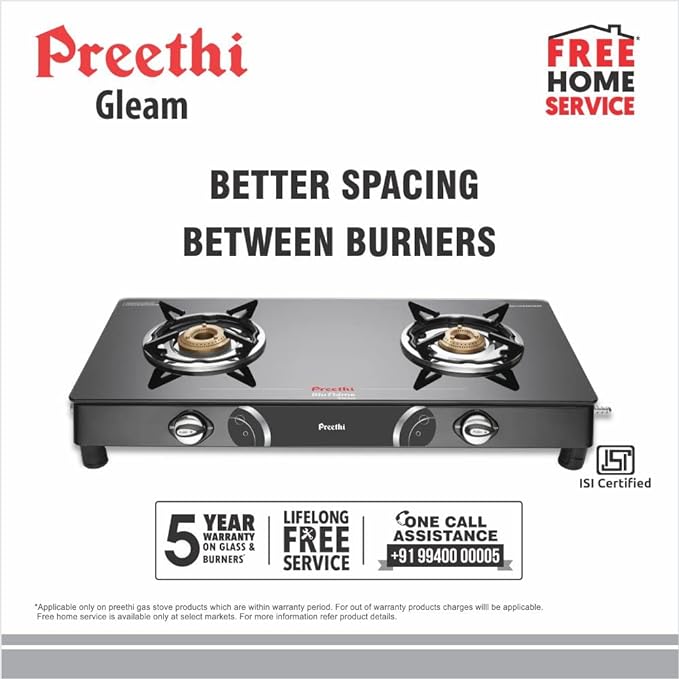 Preethi Blu Flame Gleam Glass Top 2-Burner Manual Gas Stove (Black) (ISI Certified), GTS102