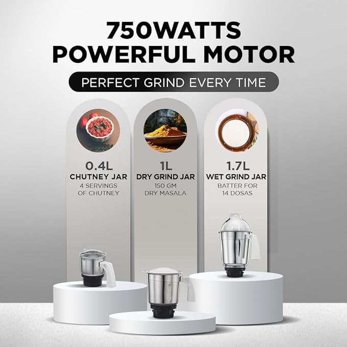 Preethi Popular MG 142 750-Watt Mixer Grinder with 3 Jars (White)