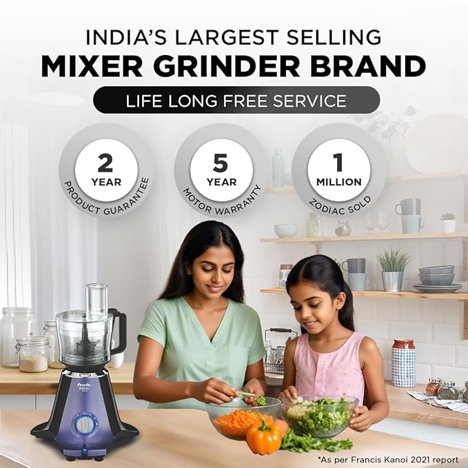 Preethi Zodiac Glitter MG 264, 750 Watt Mixer Grinder, 5 Jars (3 Stainless steel Jars +1 Juicer Jar+1 Master Chef Plus Food processor Jar), Lavender/Black