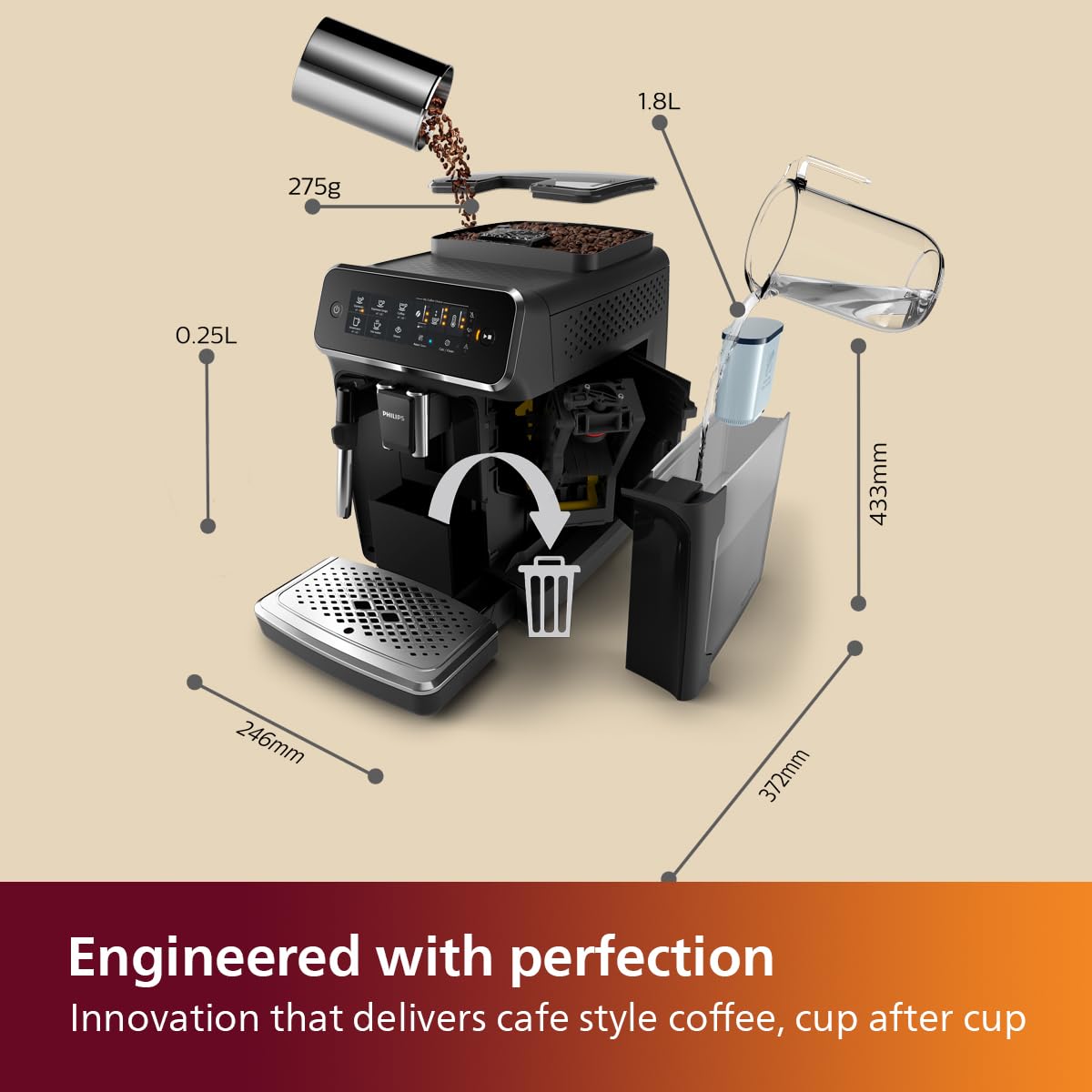 PHILIPS Latte Go Fully Automatic Bean to Cup Espresso Coffee Machine, 3 one touch button coffees (Cappuccino, Black coffee, Espresso),15 bars,Ceramic Grinder- 2 year brand warranty - EP2230/10