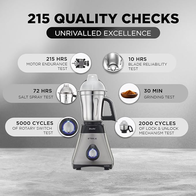 Preethi Steel Supreme MG-208 mixer grinder, 750 watt (Silver/ Black), 4 jars - Super Extractor juicer Jar, Vega W5 motor with 5yr Warranty & Lifelong Free Service