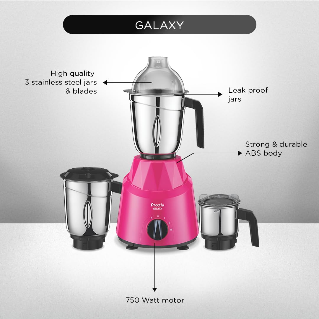 Preethi Galaxy MG225 Mixer Grinder, 750 watt, Pink, 3 Jars, Vega W5 Motor with 5yr Warranty & Lifelong Free Service |Plastic