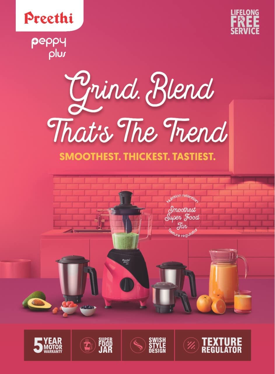 Preethi Peppy Plus MG-246 Mixer Grinder, 750 watt, Red-Black, 4 Jars - Super Food Jar with Texture Builder & 3D Airflow Technology, Vega W5 Motor with 5yr Warranty & Lifelong Free Service, Standard