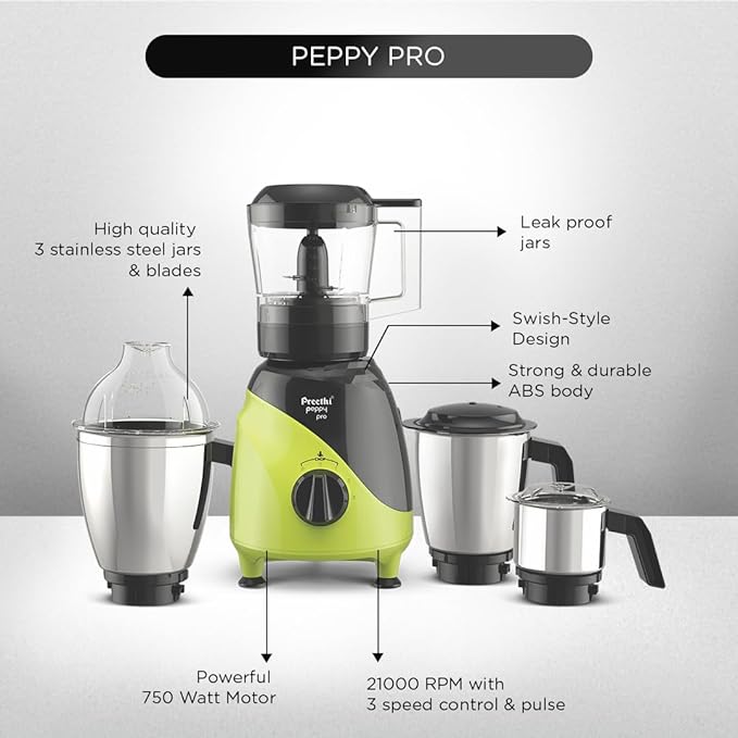 Preethi Peppy Pro MG 247, 750 Watts, 4 Jars - Unique Rapid 10 Chopping Jar, Dual Colour Swish design, Green/Black, 5 Yr Motor Warranty & Lifelong free service