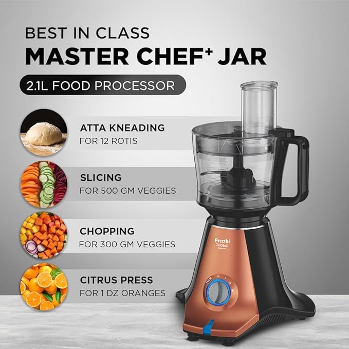 Preethi Zodiac Stardust Mixer Grinder for Kitchen, 5 Jars 750 Watt Mixie (3 Stainless steel Jars +1 Juicer Jar+1 Master Chef Plus Food processor Jar), Black/Copper (MG-265)