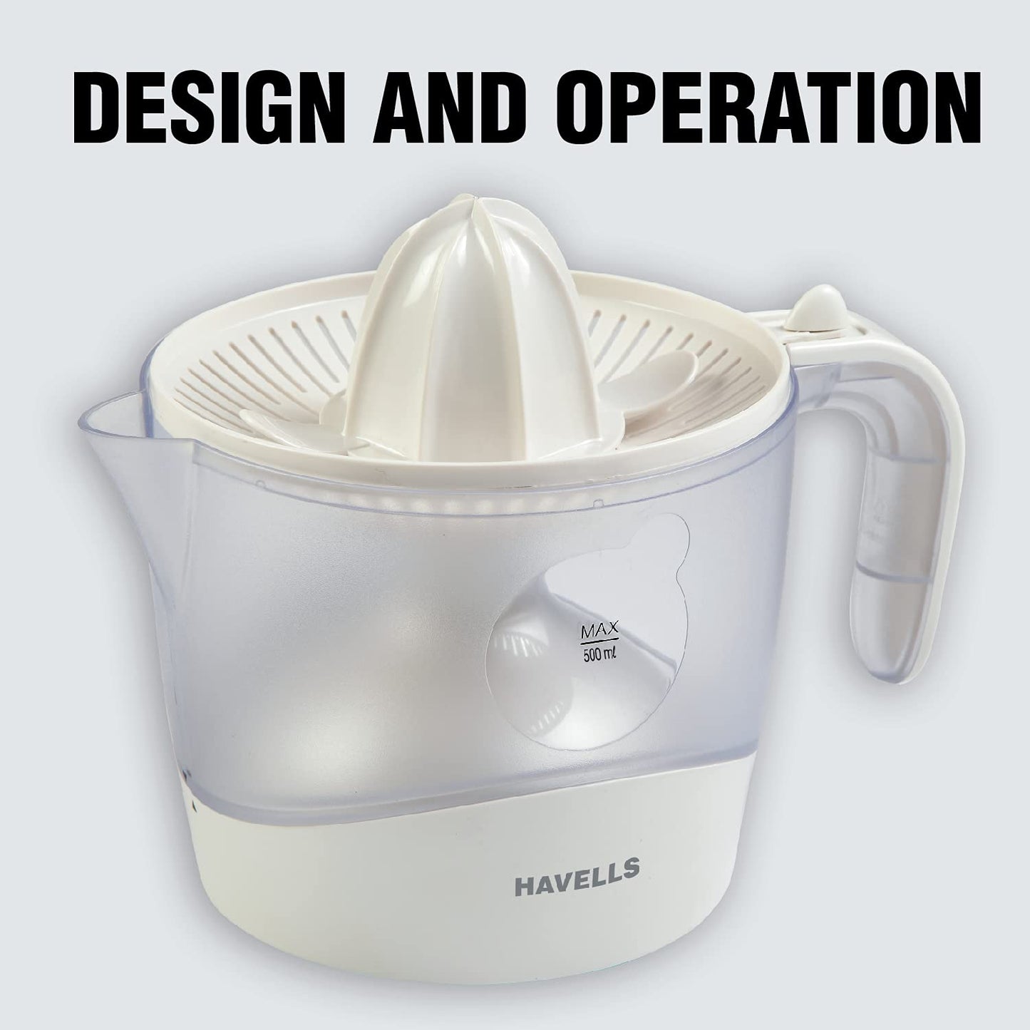 Havells Citrus Press 30 Watt (0.5 L) Juicer With 2 Different Sized Pressing Cones, Transparent Dust Cover Lid, 2 Two Pulp Filters & 2 Year Motor Warranty (White), 30 Watt