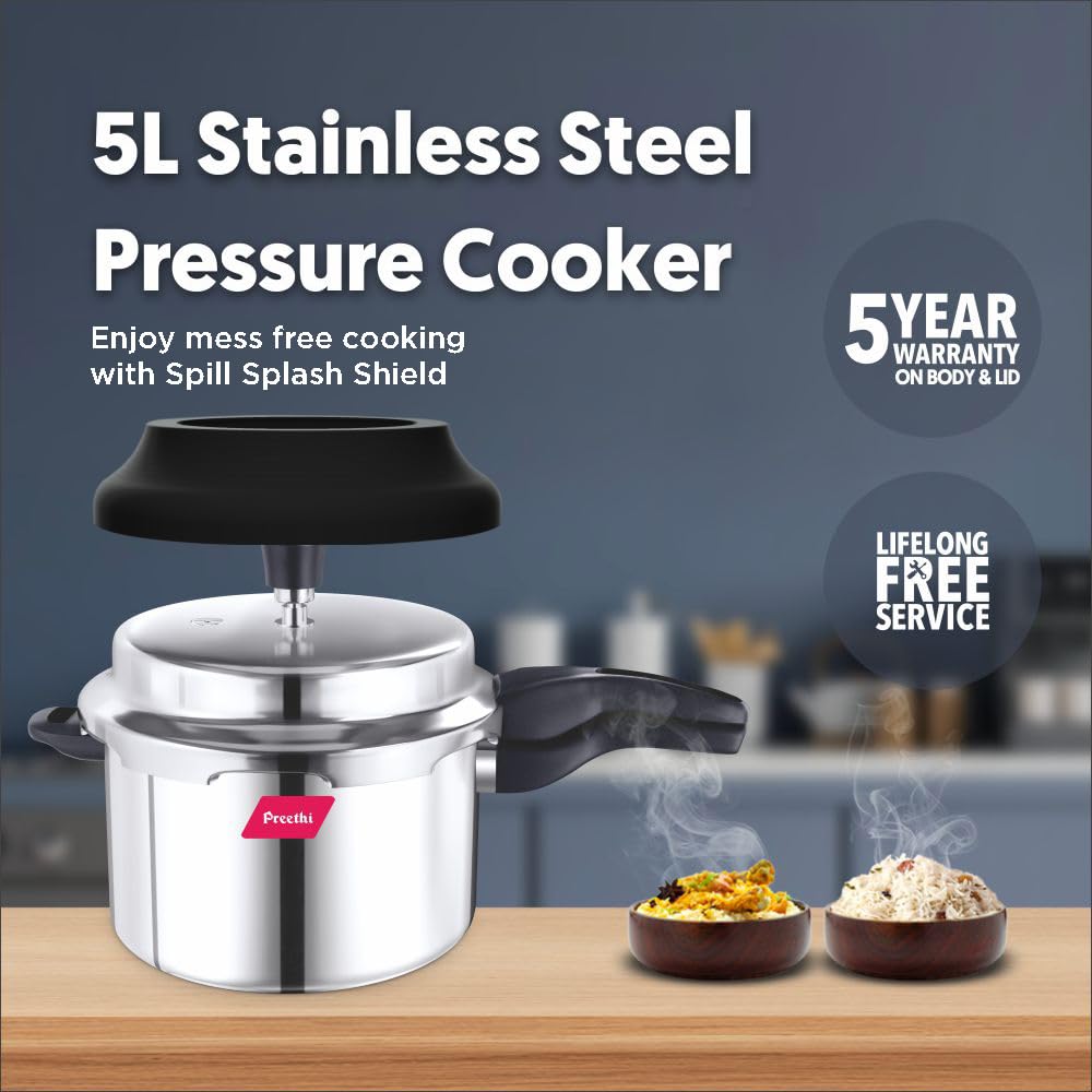 Preethi Stainless Steel Outer Lid 5 Litre Pressure Cooker with Spill Splash Shield For Zero Spill and Zero Splash (Induction Base)