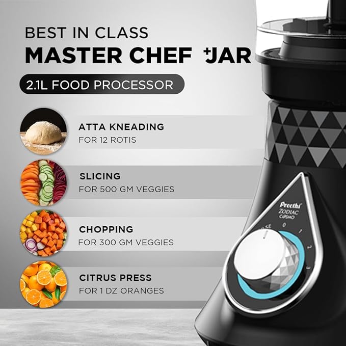 Preethi Zodiac Cosmo MG236 Mixer Grinder 750 watt with 5 Jars Includes Super Extractor juicer Jar & Master Chef + Food Processor Jar, Black, Plastic