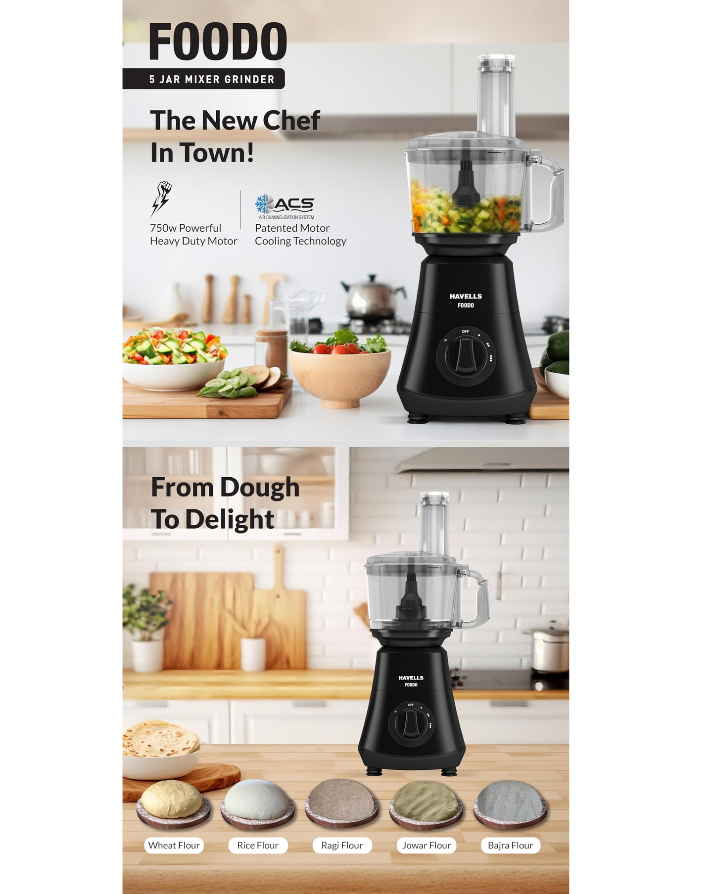 HAVELLS FOODO PROCESSOR |Attachement Box| Flow Breaker Jars|21000 Rpm| 750 W Food Processor (Black)