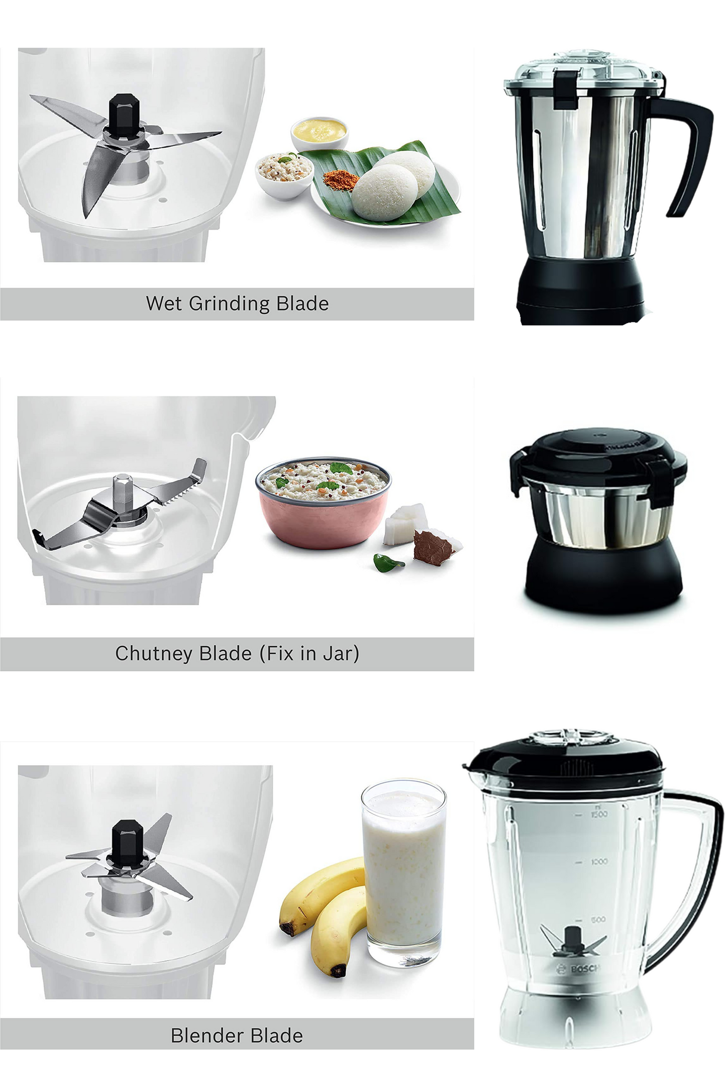 Bosch TrueMixx Bold Mixer Grinder 750 Watt, 4 Jars (White), MODEL ID ~ MGM6644WIN