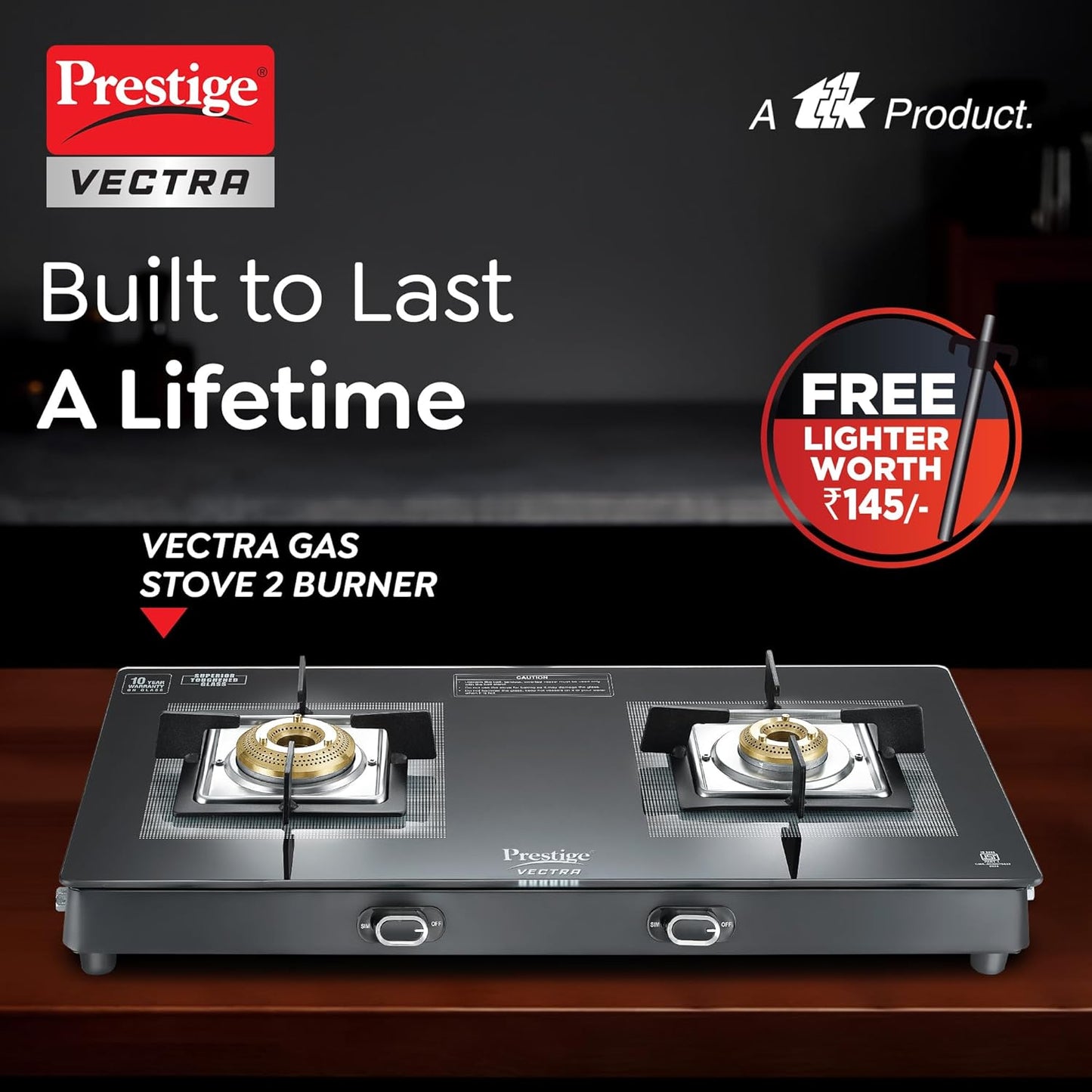 Prestige Vectra 2 Burner Glasstop Gas Stove|Superior Toughened Glass|Jumbo Brass Burner|3-Way Gas Inlet|360 Degree Revolving Nozzle|10 Years Warranty on Glass|Black