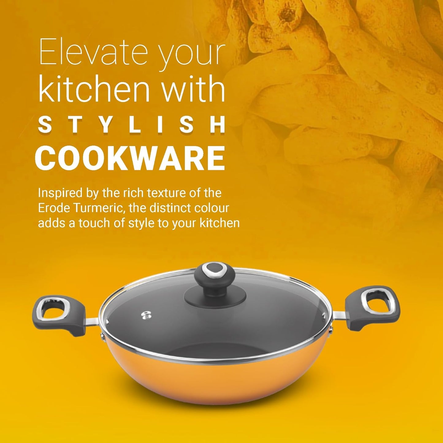 Preethi Dura Collection Non Stick Kadai, 24 cm, with Glass Lid, Gas & Induction Compatible, 5 Star Non Stick Effect, Turmeric Yellow (Copy)