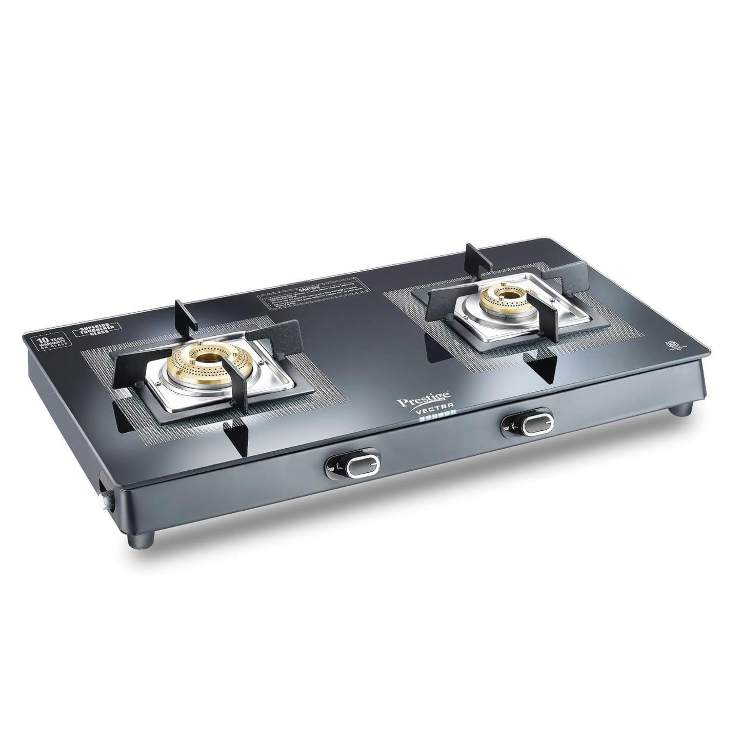 Prestige Vectra 2 Burner Glasstop Gas Stove|Superior Toughened Glass|Jumbo Brass Burner|3-Way Gas Inlet|360 Degree Revolving Nozzle|10 Years Warranty on Glass|Black
