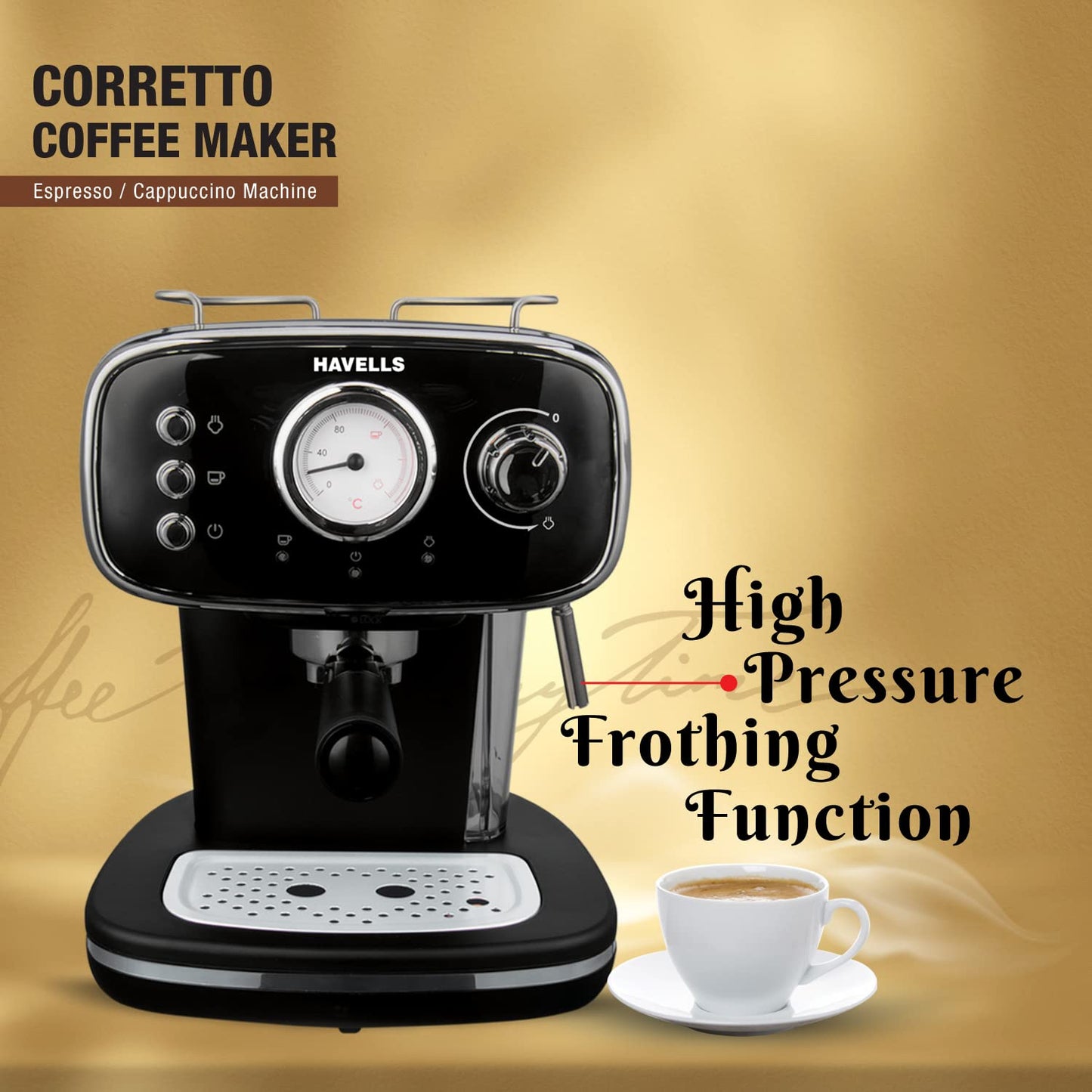 Havells Corretto Coffee Maker, Espresso/Cappuccino Machine with 15bar Pressure Pump | Thermometer Display | Frothing Function | Detachable Drip Trip | Filter Holder | Twin Brewing