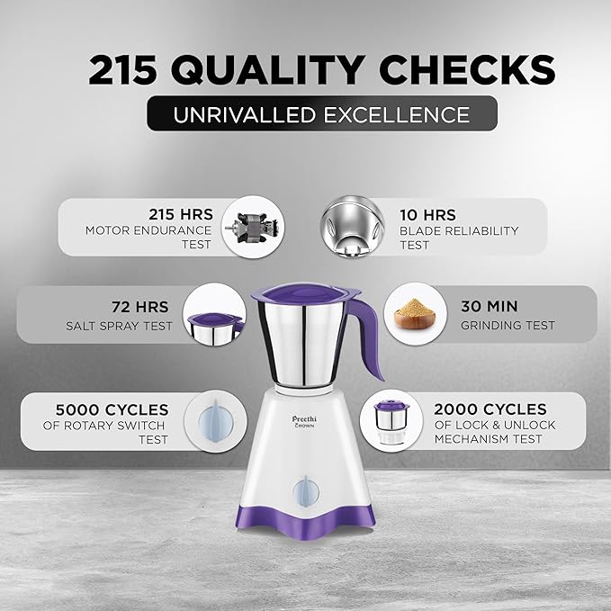 Preethi Crown Mixer Grinder for Kitchen| 3 Jars 500 Watt Mixie| 5 yr Motor Warranty & Lifelong Free Service| White/Purple (MG-205)