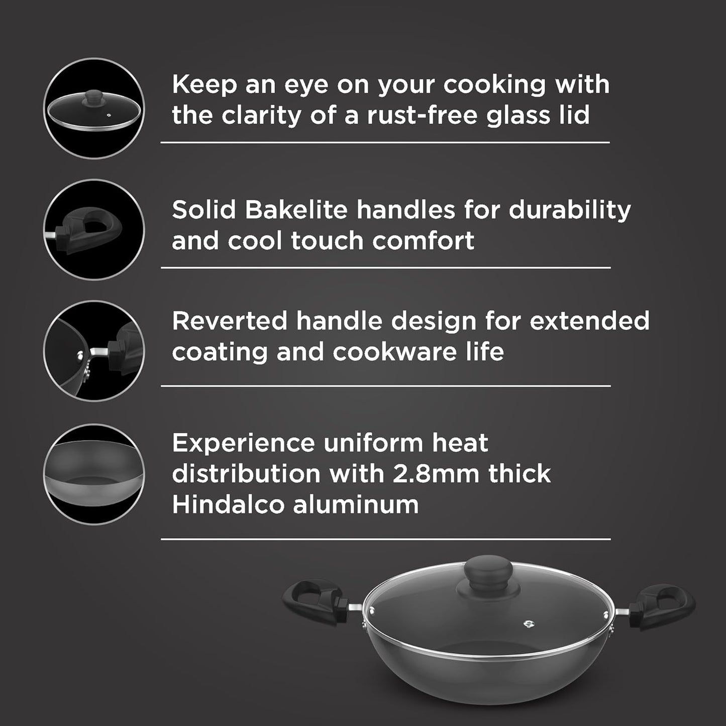 Preethi Dura Collection Non Stick Kadai, 24 cm, with Glass Lid, Gas & Induction Compatible, 5 Star Non Stick Effect, Grey