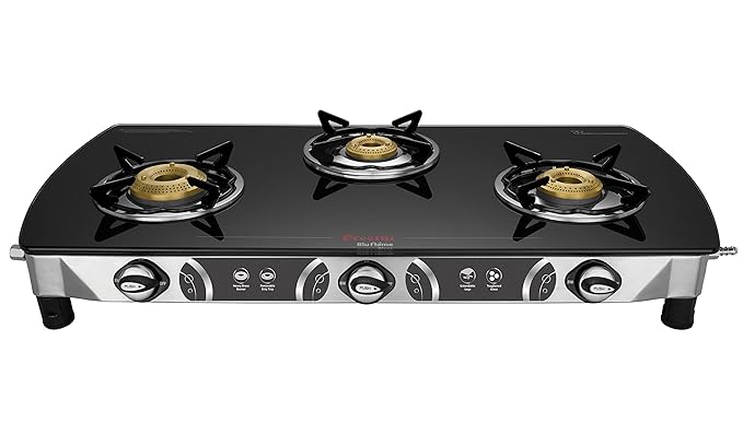 Preethi Blu Flame Blaze Glass top 3 Burner Gas Stove, Manual Ignition, Black (ISI Certified), GTS 117