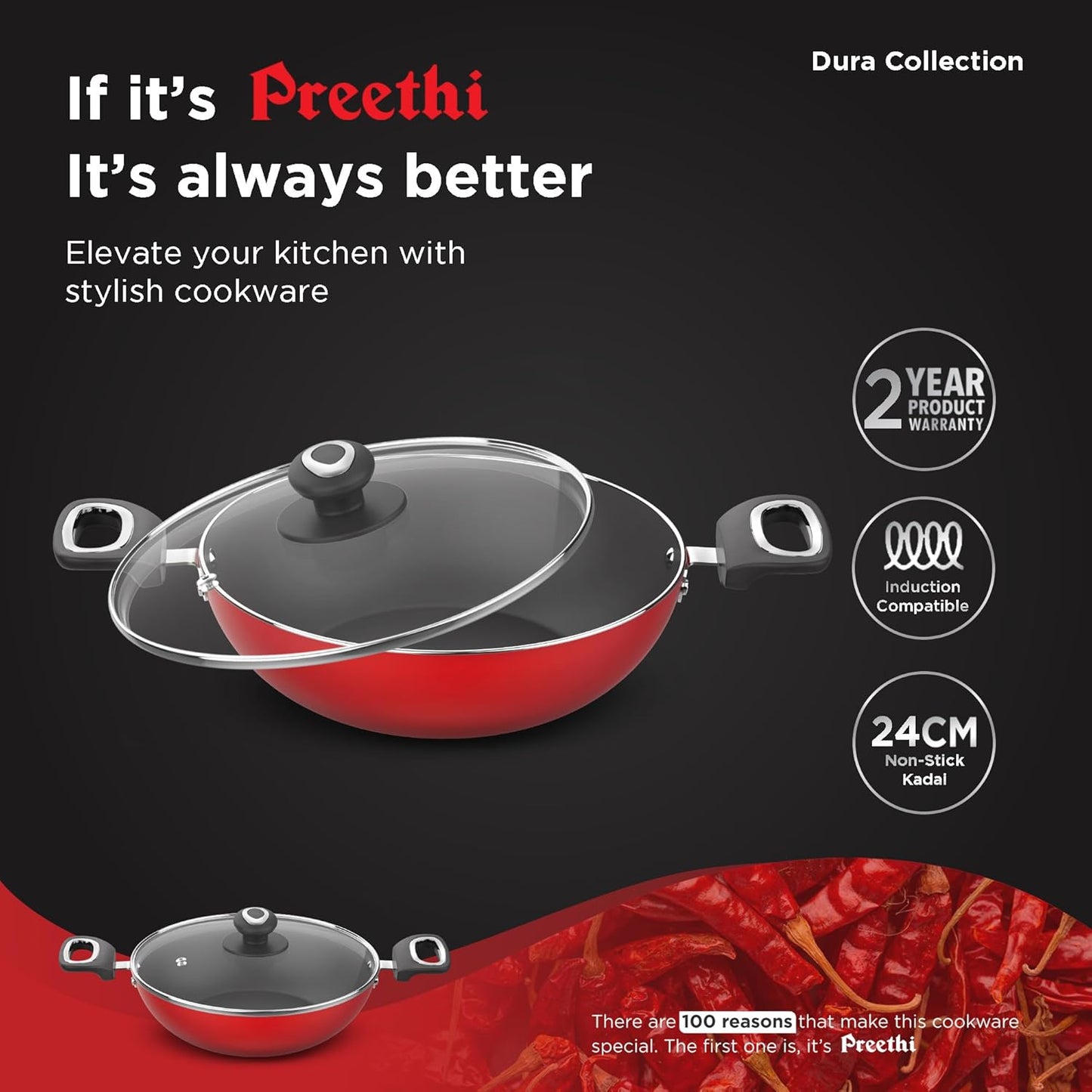 Preethi Dura Collection Non Stick Kadai, 24 cm, with Glass Lid, Gas & Induction Compatible, 5 Star Non Stick Effect, Chilly Red (Copy)